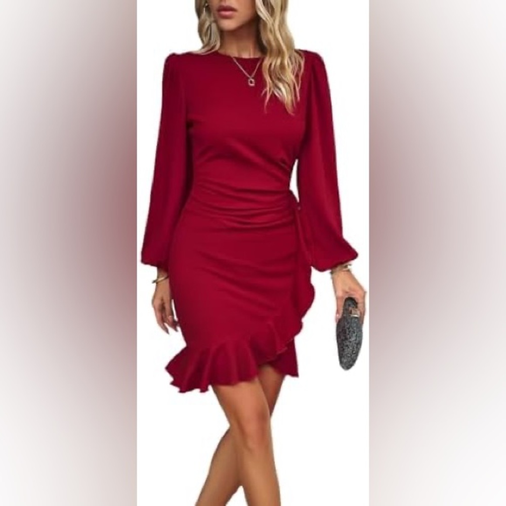 Red Asymmetrical Ruched Bell Sleeve Dress